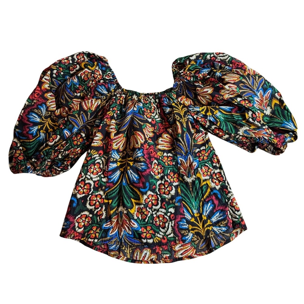 Olivaceous Multi Color Floral Puff Sleeve Square Neck Blouse Top Medium